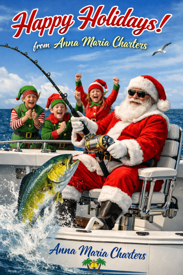 Happy holidays from Anna Maria charters Santa fishing offshore with elves cheering