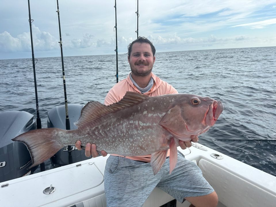 offshore charters and what is in season fisherman holding red grouper